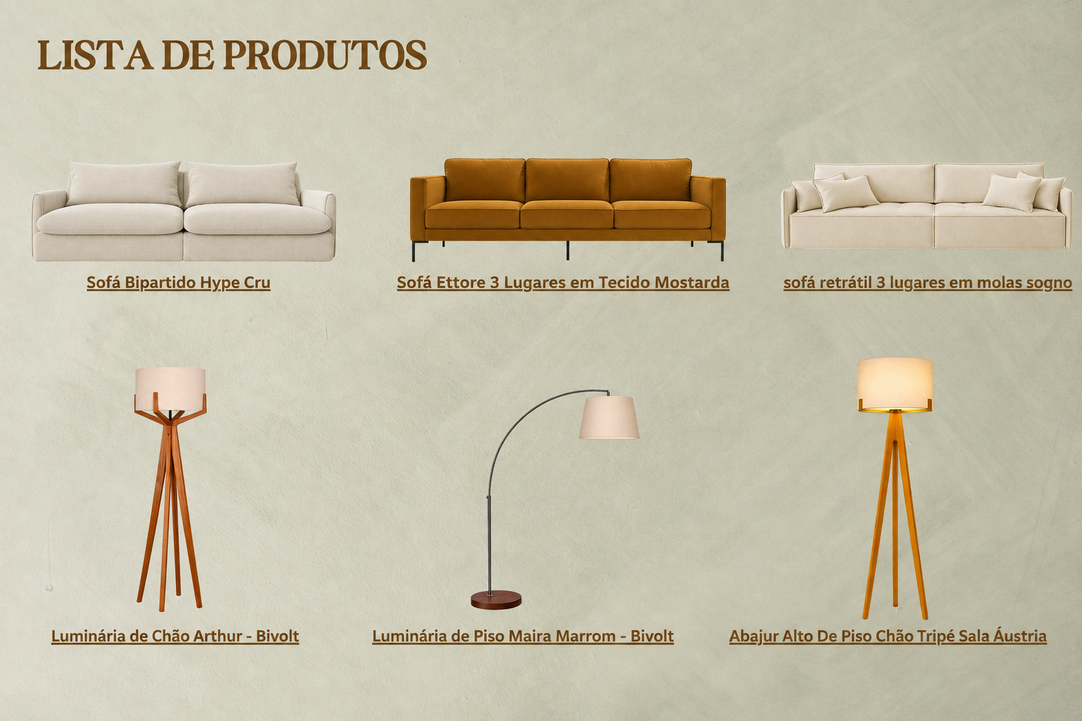 Memorial de especificações com produtos, dimensões e quantidades