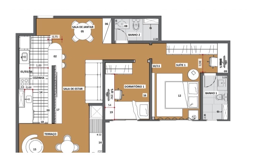 Planta baixa com layout cotado e indicações de mobiliário