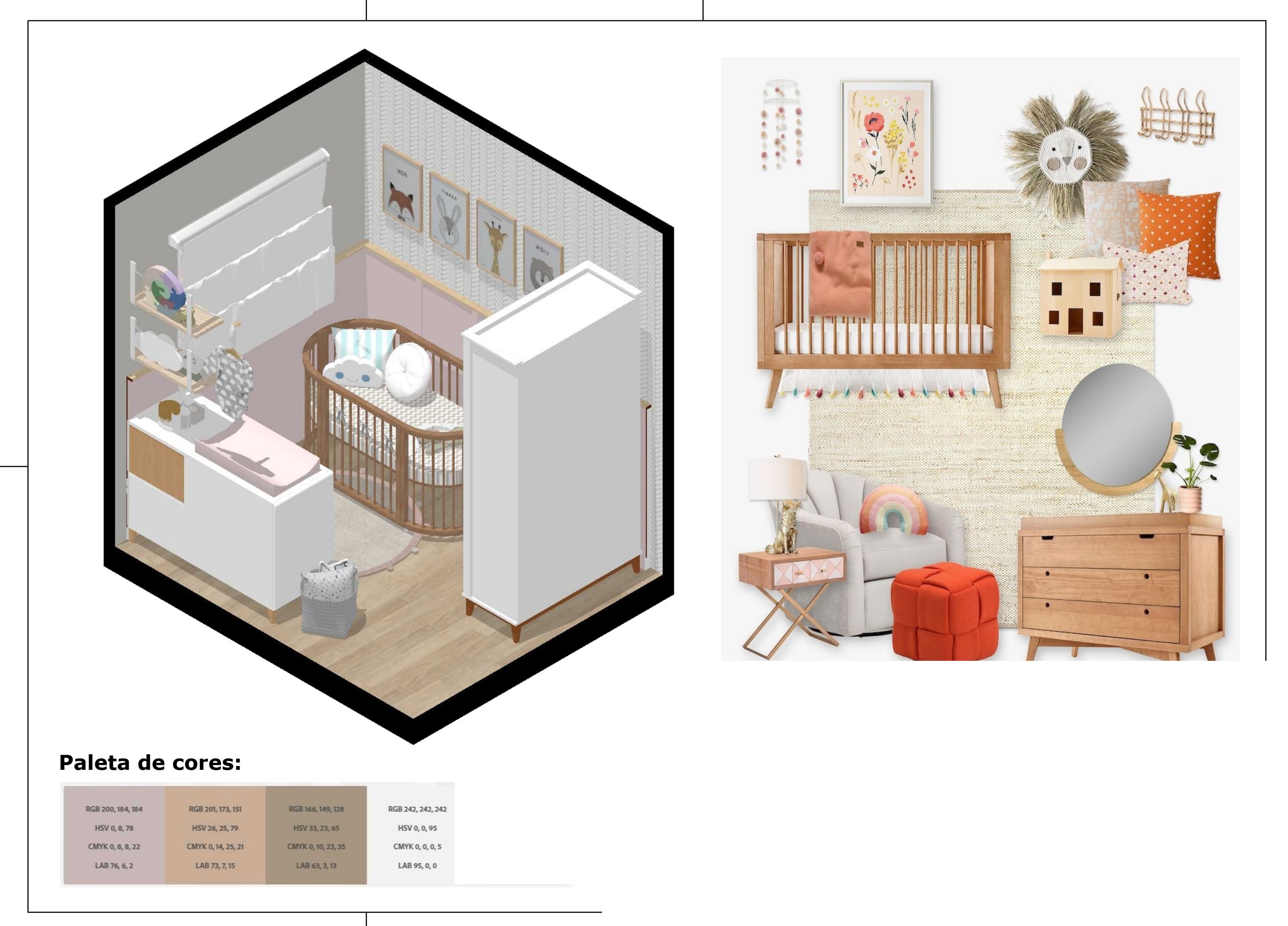 Moodboard com 3D isométrico e referências de mobiliário